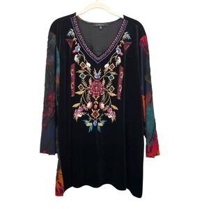 Calessa velvet embroidered blouse top Size‎ 1X black boho multicolor